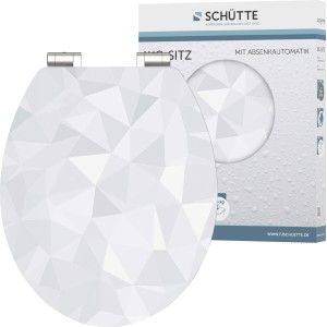 Schütte WC-Sitz Diamond mit Absenkautomatik, Holzkern, weißes geometrisches Muster.