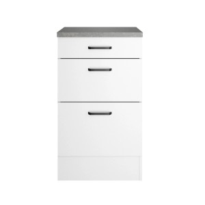 Weißer OPTIFIT Unterschrank Bonn214 mit Schubkästen und grauer Arbeitsplatte.