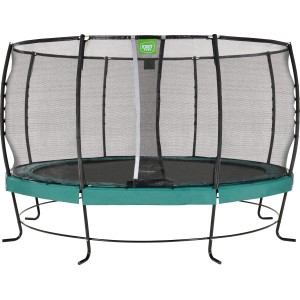 Grünes EXIT Lotus Premium Trampolin Ø 427 cm mit Sicherheitsnetz für den Garten.
