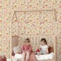 ESTAhome Vliestapete mit Blumenmuster in Rosa, Grün, Gelb und Orange im Kinderzimmer.