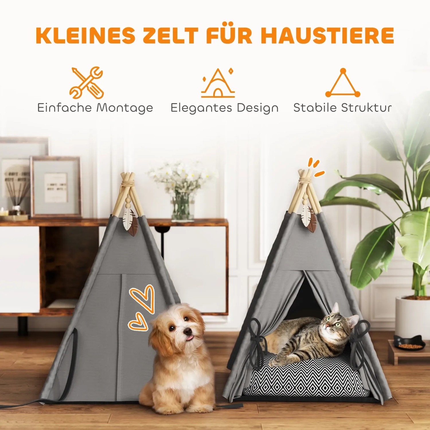 Graues PawHut Katzenzelt mit Hund und Katze. Gemütliches Katzenhaus im Tipi-Design.
