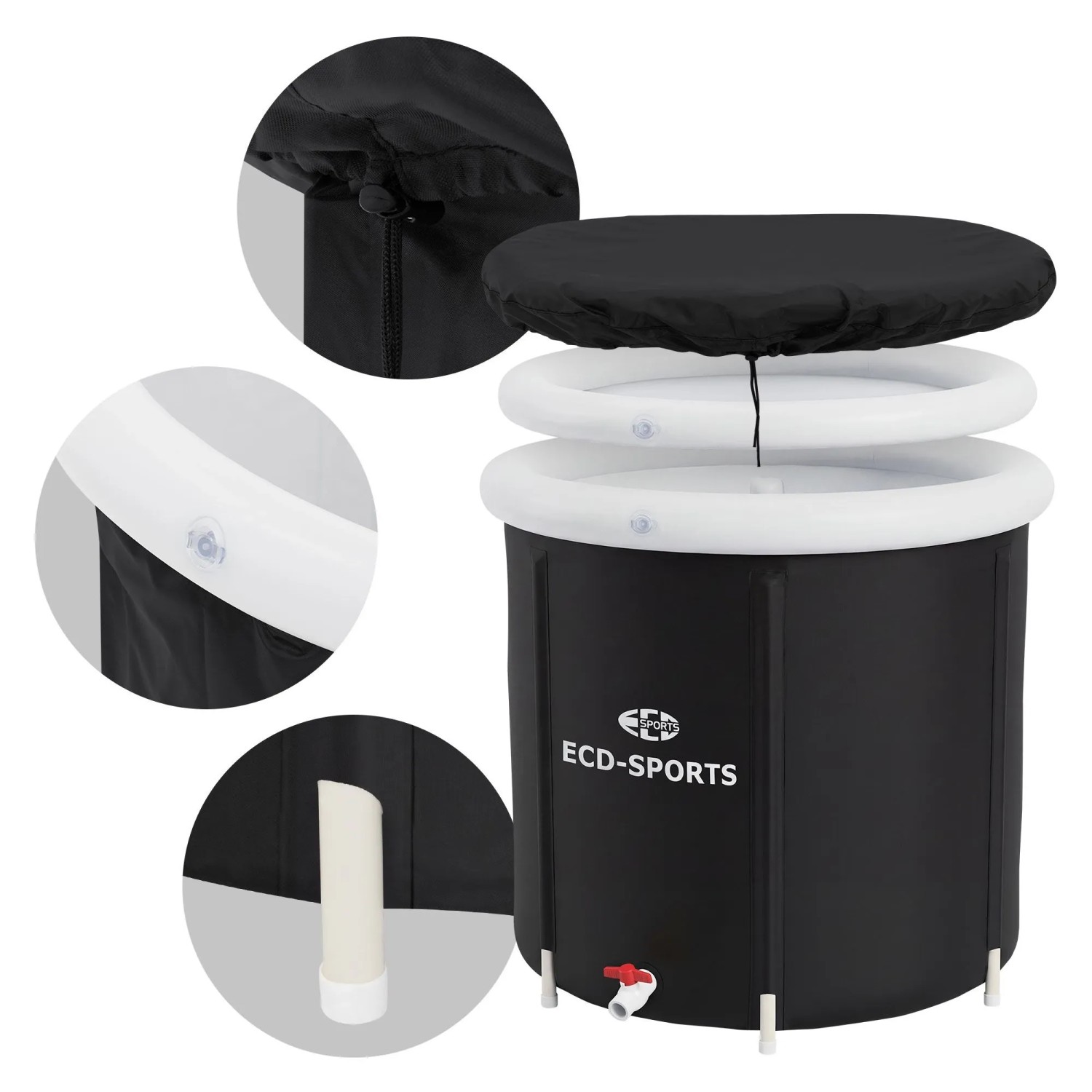ECD Germany Eisbad, Ø80cm, 350L, schwarz-weiß, aus Oxford-Gewebe, mit Zubehör für die Kältetherapie.