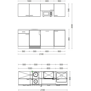 Skizze der weißen Flex-Well Classic Büroküche Wito, 210 cm breit, mit Elektrogeräten und Maßen.