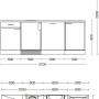 Skizze der weißen Flex-Well Classic Büroküche Wito, 210 cm breit, mit Elektrogeräten und Maßen.