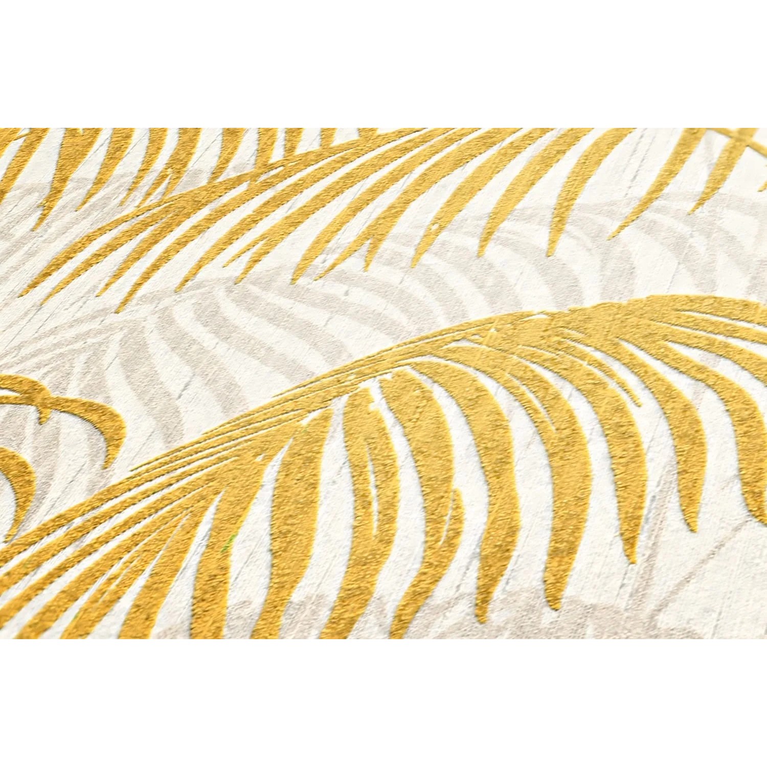 Goldene Palmen auf Textiltapete von PROFHOME. Dekorative Tapete in Gelb, Weiß und Gold.