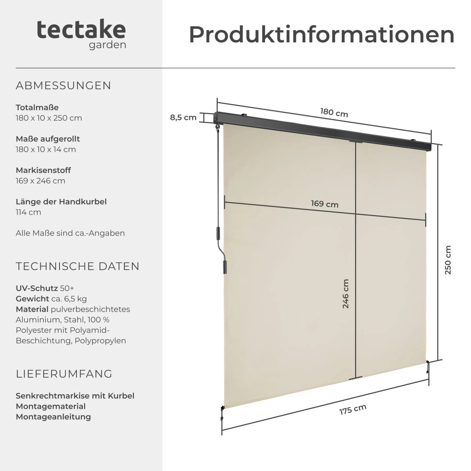 Beige Tectake Senkrechtmarkise Eloise 180x250cm, UV-beständig und wasserabweisend. Sichtschutz für Balkon und Terrasse.