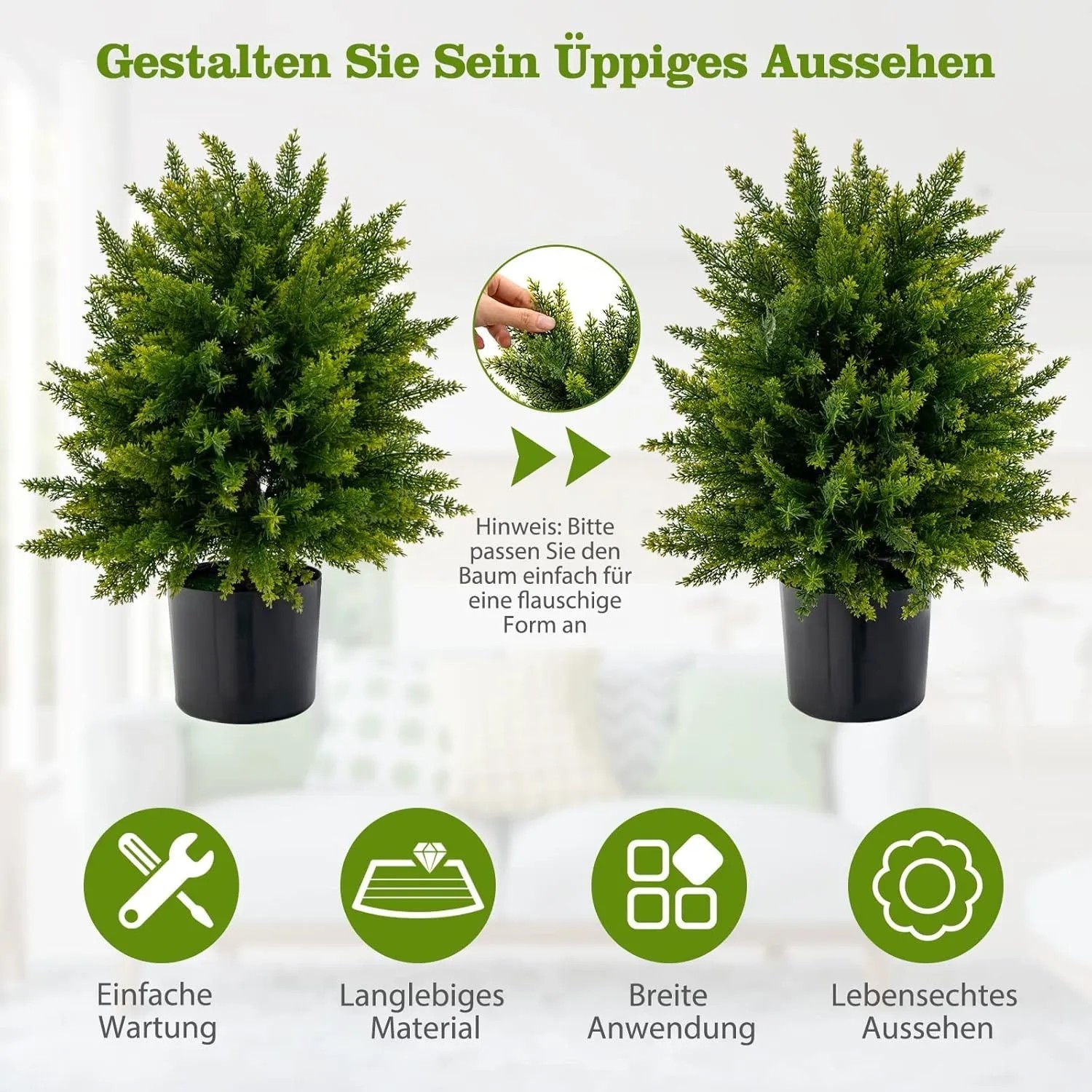 Zwei grüne, 55cm hohe Costway Kunstpflanzen im Topf. Lebensechte Zedern-Topiary-Bäume für Haus & Büro, formbar.