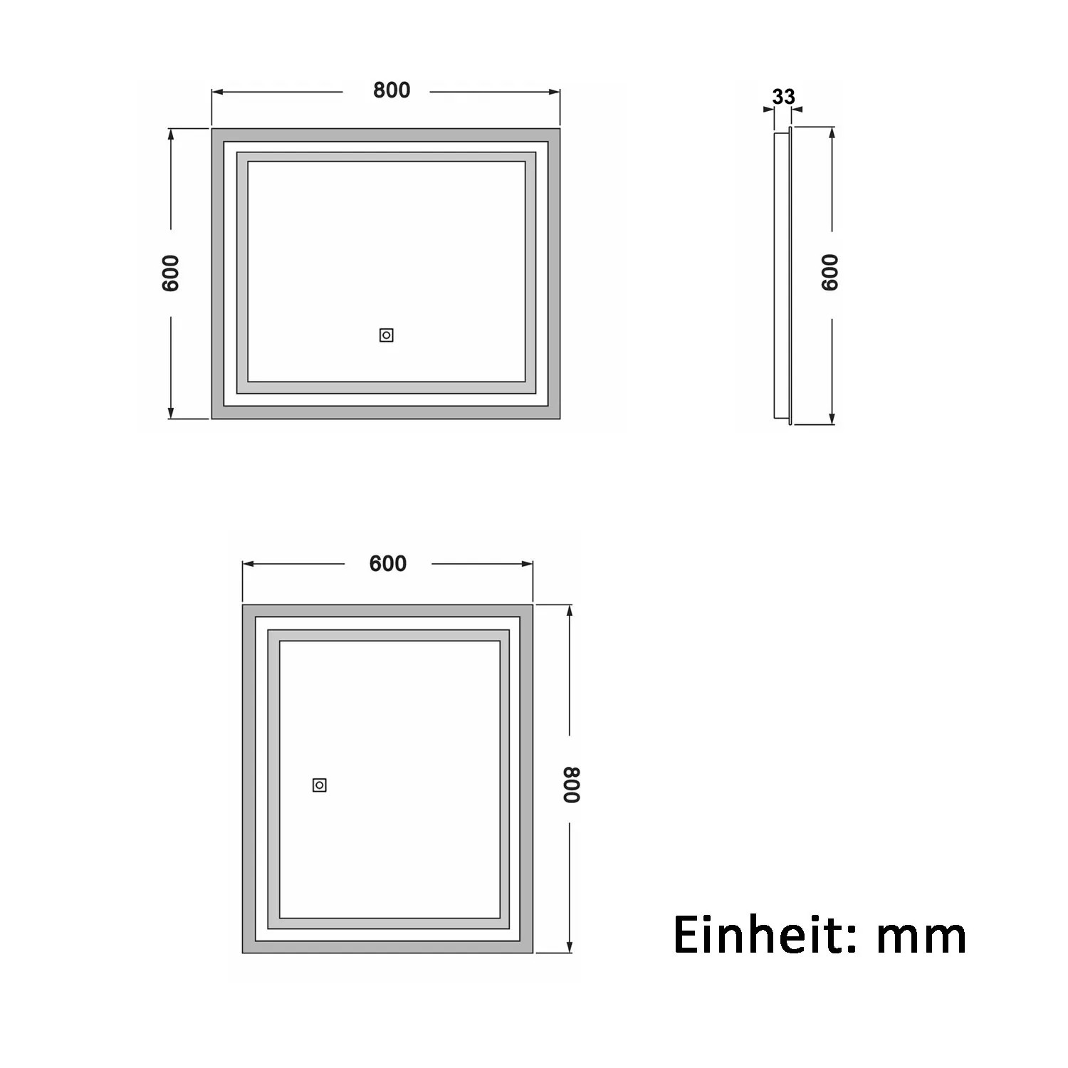 Technische Zeichnung: Aica Sanitär Badspiegel 80x60 cm mit LED-Beleuchtung, Maße in mm.