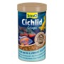 Tetra Cichlid Crisps Fischfutter-Granulat in blauer Dose mit bunten Cichliden und Futter für lebendige Farben.