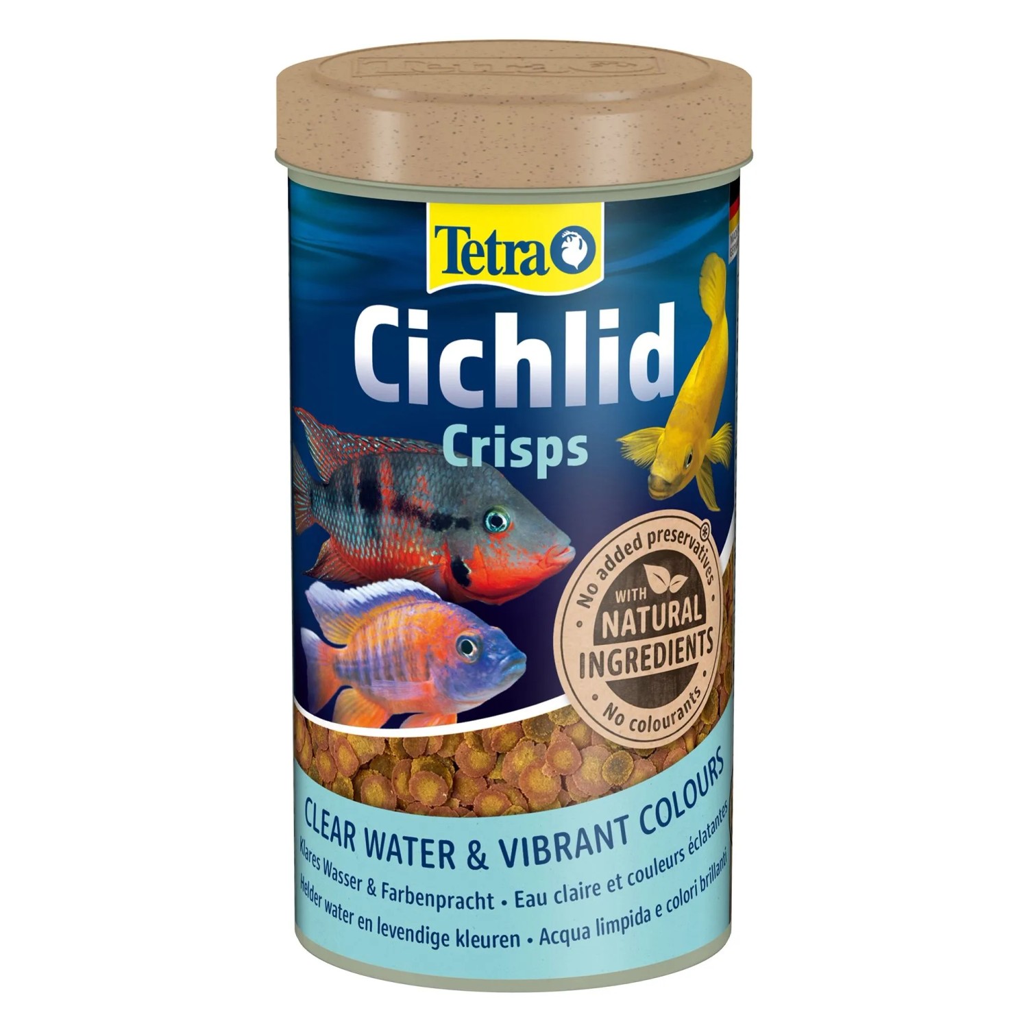 Tetra Cichlid Crisps Fischfutter-Granulat in blauer Dose mit bunten Cichliden und Futter für lebendige Farben.
