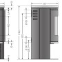 Technische Zeichnung Kaminofen Justus Faro 2.0, Stahl schwarz, Maße und Anschlüsse für Montage.