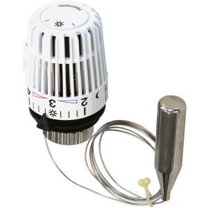 Heimeier Thermostatkopf K mit Fernfühler, weiß, zur Heizungsinstallation. Regelt Temperaturen von +6 bis +27 °C.