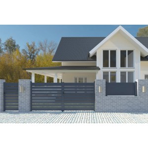 Graues Casanoov Doppelflügeltor aus Aluminium (3 m) vor einem Haus.