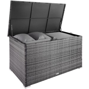 Tectake Auflagenbox Oslo, 750L, grau, mit Rattangeflecht und geöffnetem Deckel. Zubehör für Ordnungssysteme im Garten.