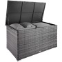 Tectake Auflagenbox Oslo, 750L, grau, mit Rattangeflecht und geöffnetem Deckel. Zubehör für Ordnungssysteme im Garten.
