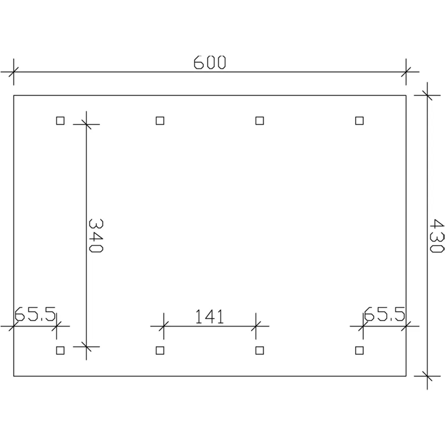 Skizze des Satteldach-Carports Wallgau 430x600 cm mit Maßangaben für Montage.