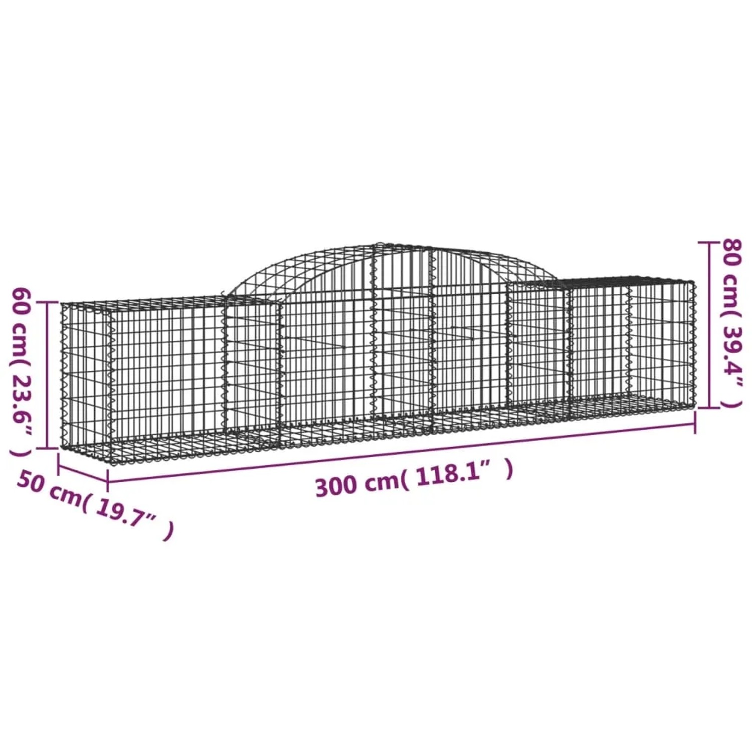 vidaXL Gabionen mit Hochbogen, 15er Set, 300x50x60/80 cm, aus verzinktem Eisen.