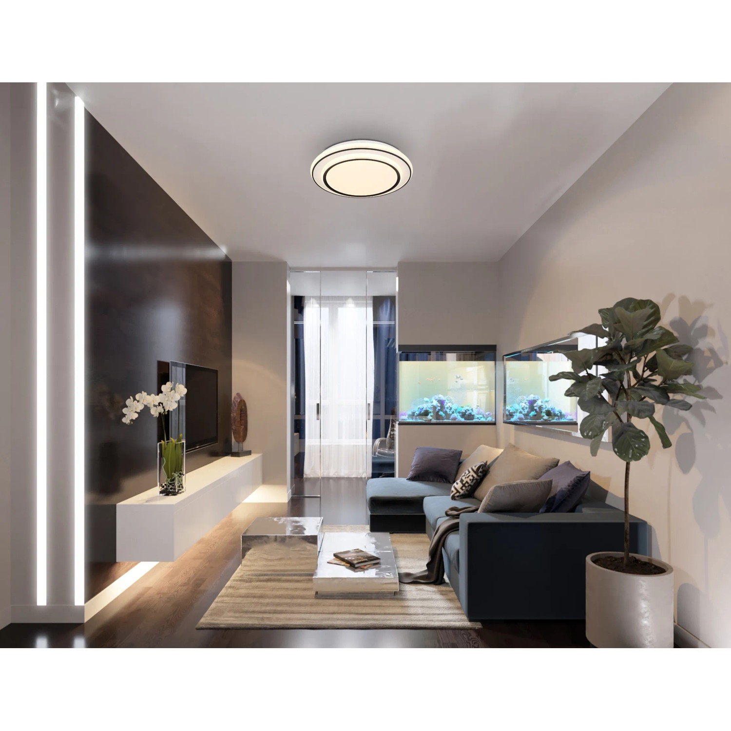 Moderne, runde LED-Deckenleuchte Logan in Weiß matt, montiert in einem Wohnzimmer.