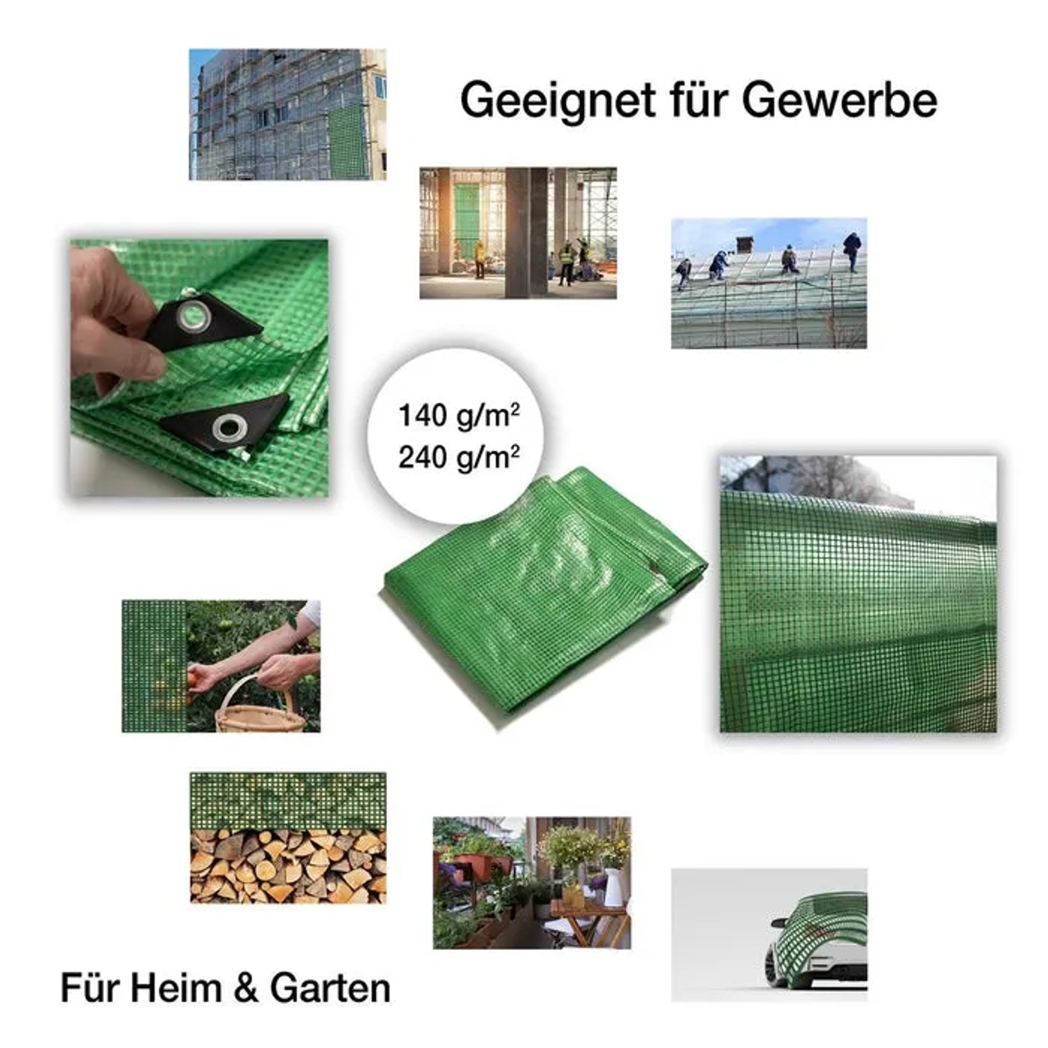 Grüne KARAT Abdeckplane, 240 g/m², mit Ösen, vielseitig einsetzbar für Haus, Garten und Gewerbe.