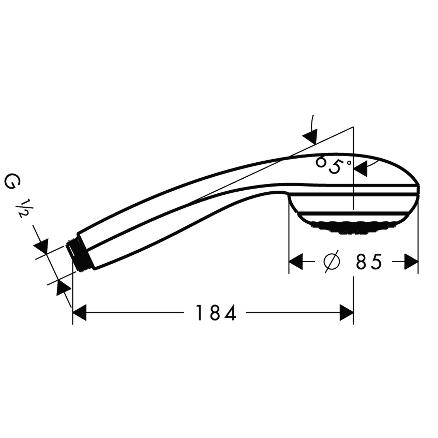 Technische Zeichnung der Hansgrohe Crometta 85 Mono Handbrause mit Maßangaben.