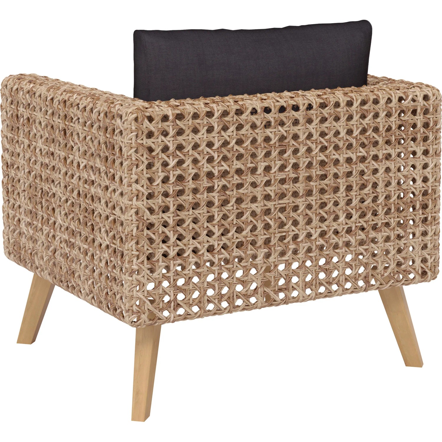 Sessel aus dem 4-teiligen Lounge-Set Junee. Polyrattan in Natur mit anthrazitfarbenem Kissen.