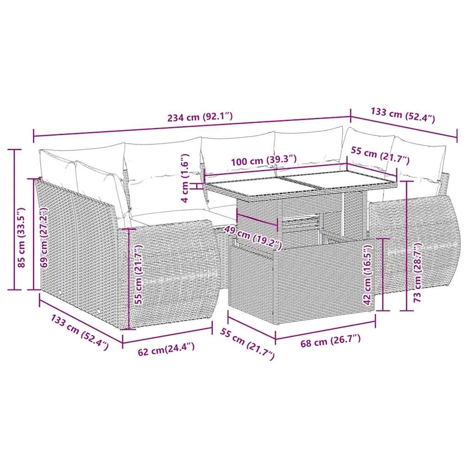 Braune 7-tlg. vidaXL Garten-Sofagarnitur aus Rattan mit Tisch und cremeweißen Kissen.