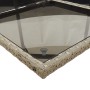 Detailansicht der grauen vidaXL Garten-Essgruppe: Tischplatte aus Glas und Rattan-Optik.