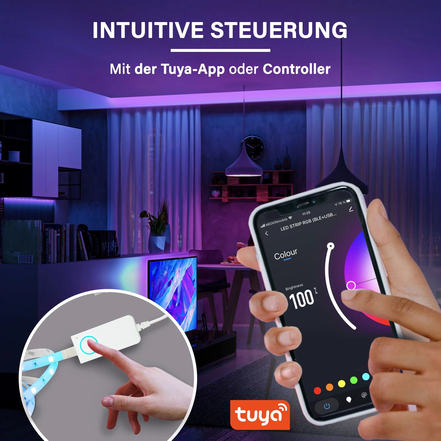 MegaLight Smart LED USB-Strip RGB Beleuchtung im Wohnzimmer, Steuerung per Tuya-App auf Smartphone und Controller.