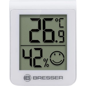 Weißes BRESSER Thermo-Hygrometer zur Anzeige von Temperatur und Luftfeuchtigkeit.