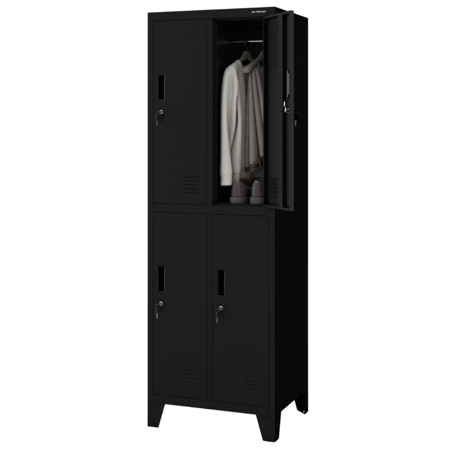 JAN NOWAK Umkleideschrank Spind BARTEK 4 Abteile Etikettenhalter Lüftungsschlitze Umkleidespind Schließfachschrank 172x55,9x45cm Schwarz