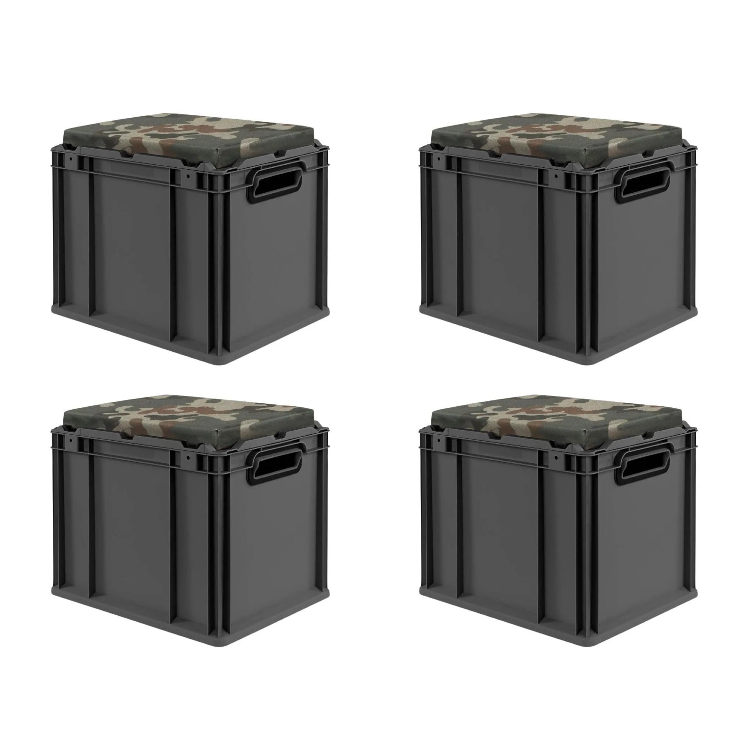 PROREGAL Sparset 4x Eurobox Nextgen Seat Box Camouflage HxBxT 36,5x30x40cm 30 Liter Griffe Offen Schwarz