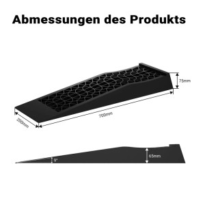 Schwarze Wiltec Auffahrrampe mit Maßen 700x200x75mm und 9° Neigung. Ideal für Wartung und Nivellierung.