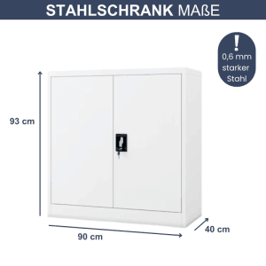 Weißer, abschließbarer DELUKE Aktenschrank KADO mit Flügeltüren und Maßangaben.