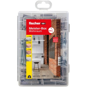 Fischer Meister-Box Wohnraum mit 160 Dübeln und Schrauben, sortiert in transparenter Kunststoffbox.