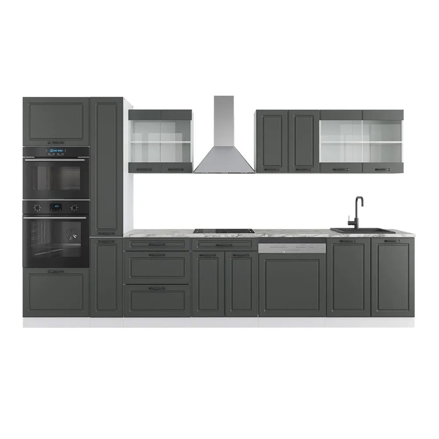 Vicco R-Line Küchenzeile Anthrazit Landhaus Weiß 350 cm mit HochschrankAP Marmor ohne E-Geräte