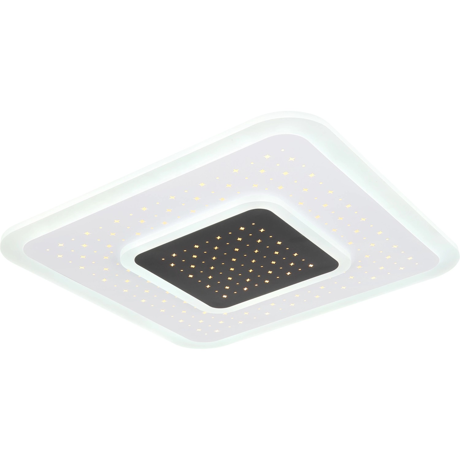 Moderne LED-Deckenleuchte Gisell, weiß matt, mit Sternenmuster und Fernbedienung.
