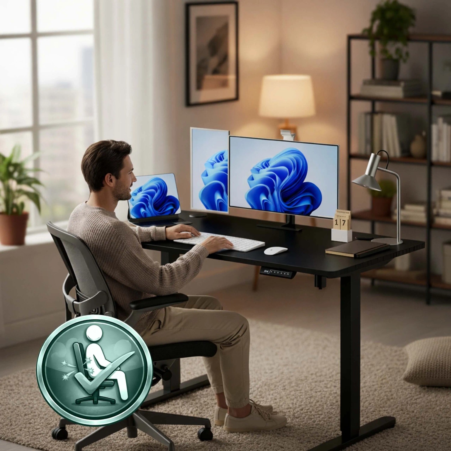Mann arbeitet an ergonomischem, schwarzem, elektrisch höhenverstellbarem Schreibtisch mit LED-Display.