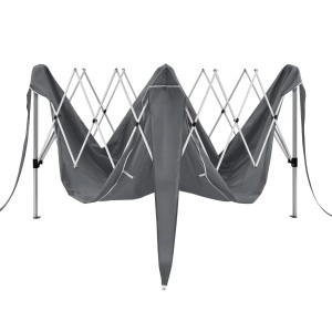 Grauer Juskys Faltpavillon Vivara 3x3 m mit Tragetasche, teilweise aufgebaut.