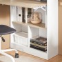 SoBuy Klapptisch Schreibtisch Weißnatur, aufgeklappt mit offenen Fächern, Büchern und Stuhl.