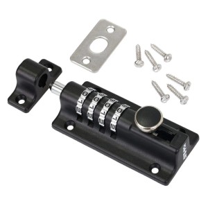 Schwarzes HMF Riegelschloss mit 4-stelligem Zahlencode aus Zinklegierung, inklusive Schließblech und Schrauben für Türen.