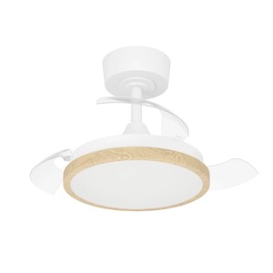 Weißer Eglo LED-Deckenventilator Malpica mit transparenten Flügeln, Holzoptik-Ring und integriertem Licht.