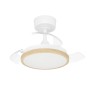 Weißer Eglo LED-Deckenventilator Malpica mit transparenten Flügeln, Holzoptik-Ring und integriertem Licht.
