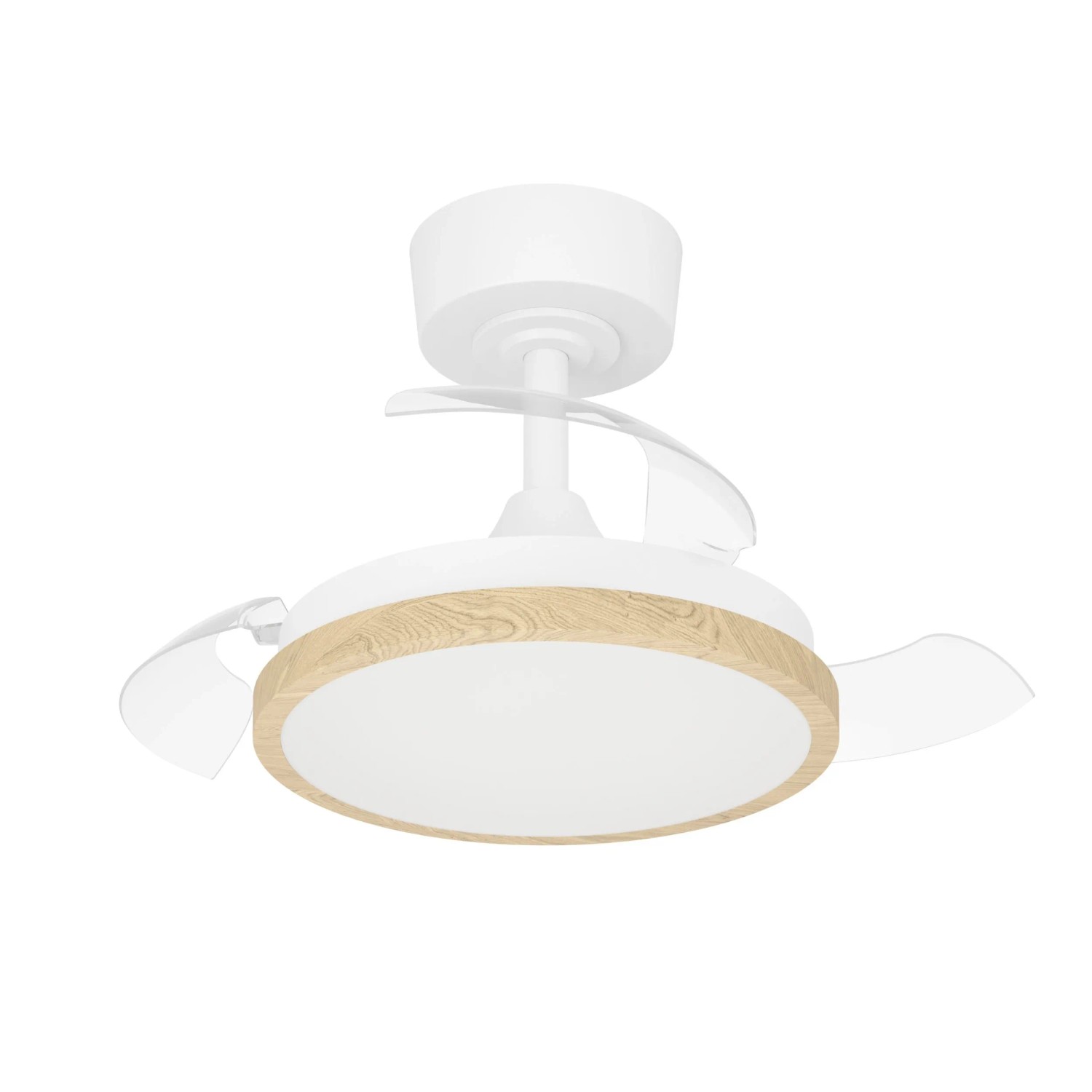 Weißer Eglo LED-Deckenventilator Malpica mit transparenten Flügeln, Holzoptik-Ring und integriertem Licht.