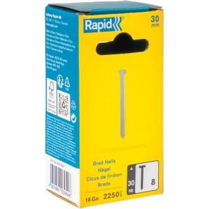 Verpackung Rapid Nägel 8/30 mm, 2.250 Stück, für Druckluftnagler. Galvanisierte Stahlnägel in gelber FSC-zertifizierter Schachtel.