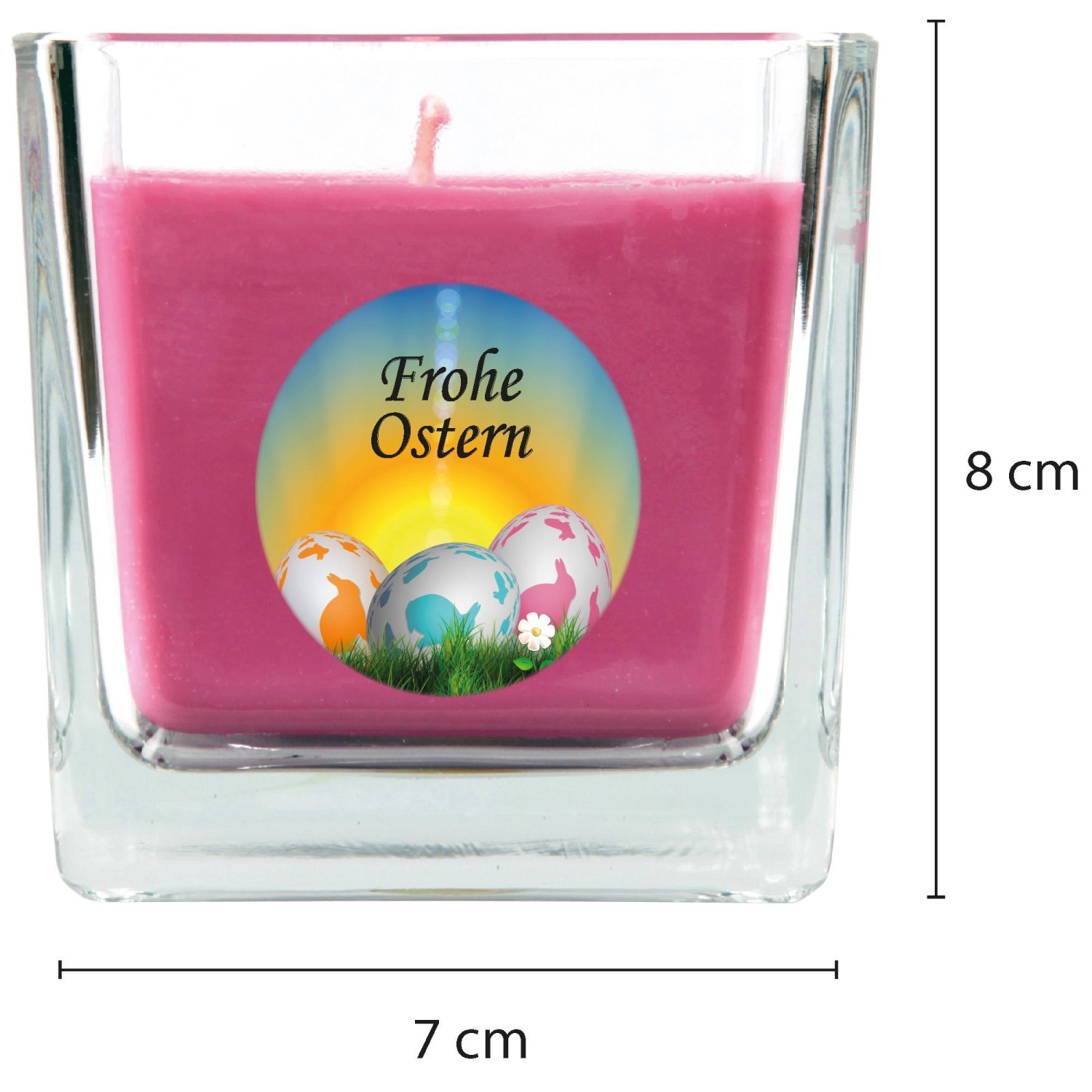 Viereckige Duftkerze im Glas mit Ostermotiv und Lavendelduft, 8x7,5cm.