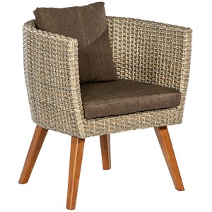 2-tlg. Gartensessel-Set Imperia: Naturfarbenes Kunststoffgeflecht, braune Kissen, Akazienholz-Beine.