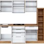 Moderne Küchenzeile in Weiß und Wotaneiche mit E-Geräten, 330 cm breit.