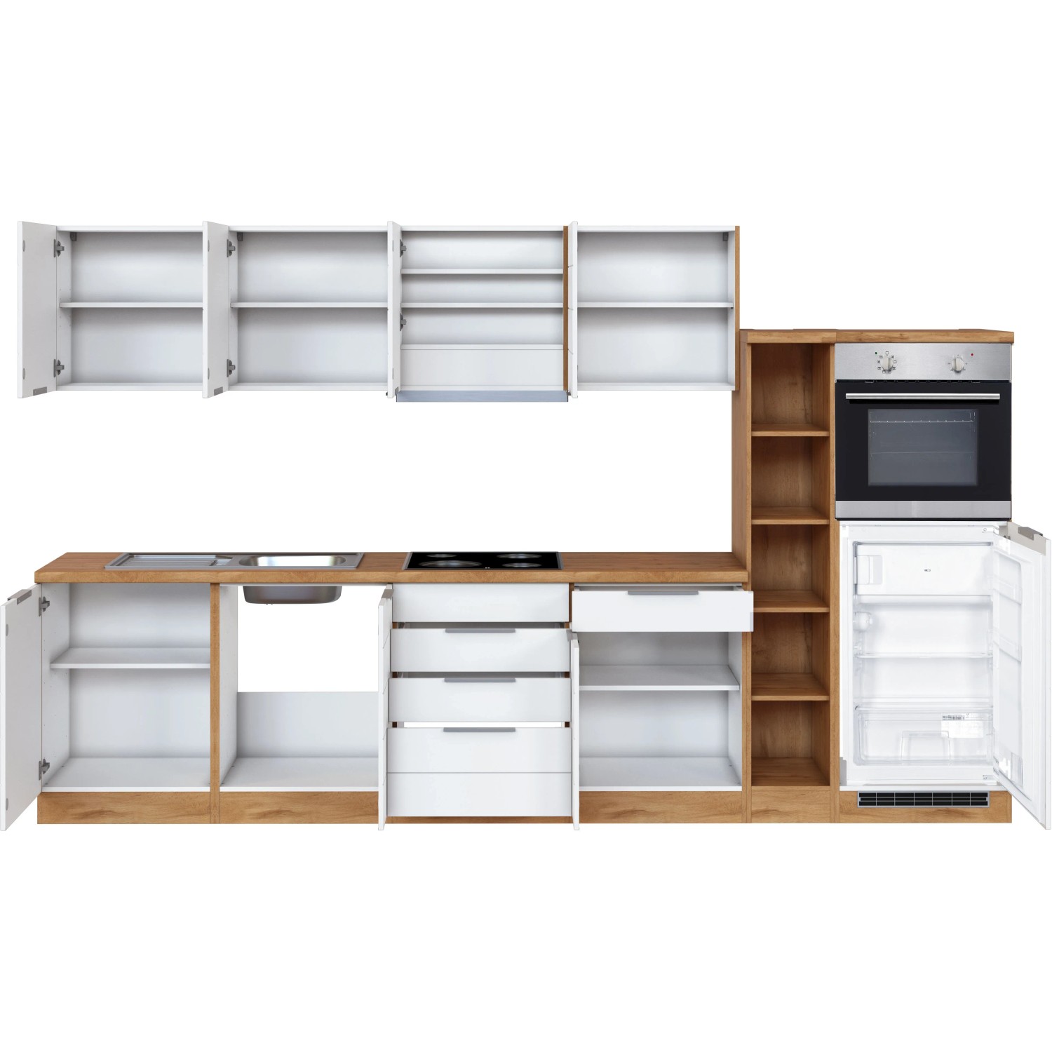 Moderne Küchenzeile in Weiß und Wotaneiche mit E-Geräten, 330 cm breit.