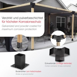 SOTECH Anbau Set: 2 schwarze Eckverbinder und 2 Bodenhülsen für 90x90mm Vierkantholz, verzinkt, pulverbeschichtet. Für Pergola.