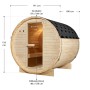 Artsauna Fasssauna Spitzbergen 180 cm, Outdoor Sauna aus Fichtenholz mit Bitumendach und Glastür, Maße eingezeichnet.